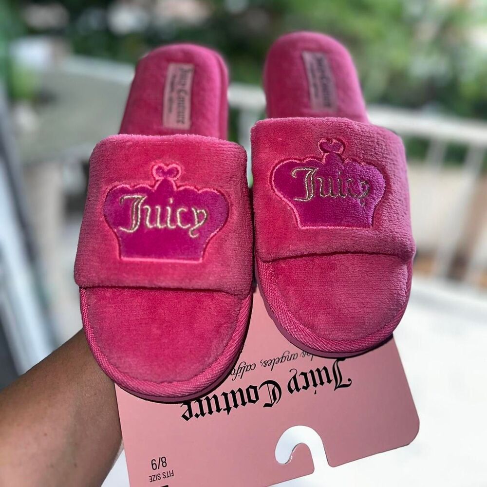 Juicy Couture Pink Crown Slippers Embroidered In Large